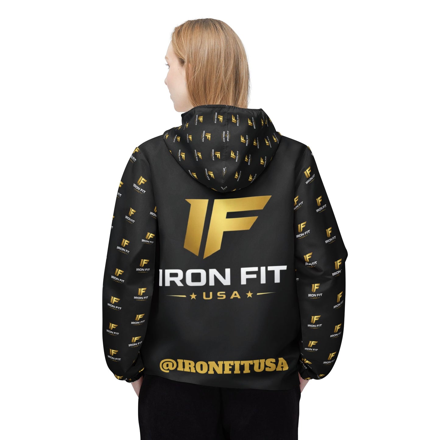 Iron Fit USA Logo Windbreaker Jacket - Branded Athletic Lightweight Hooded Coat
