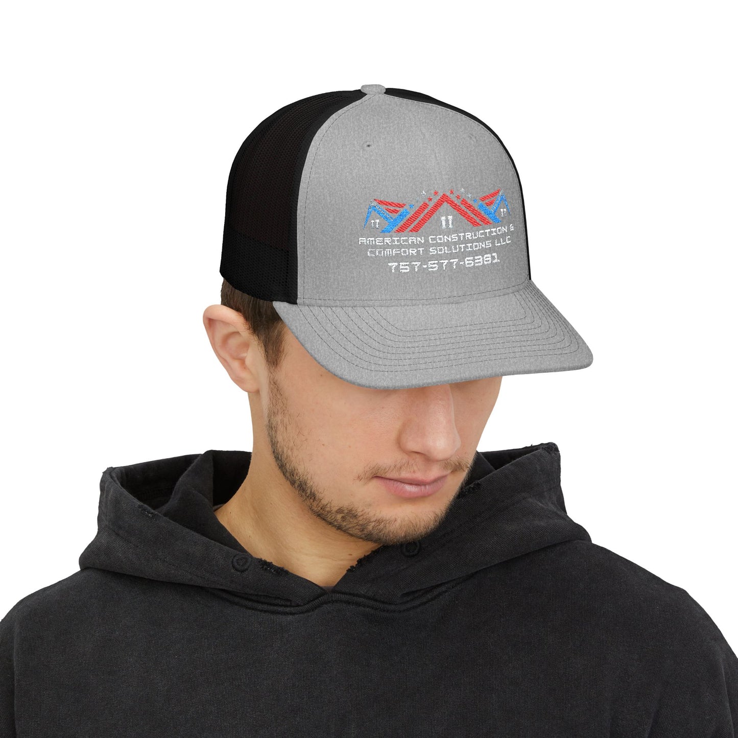 Embroidered Trucker Hat — American Construction & Contract Solutions Logo (Custom Phone Number)