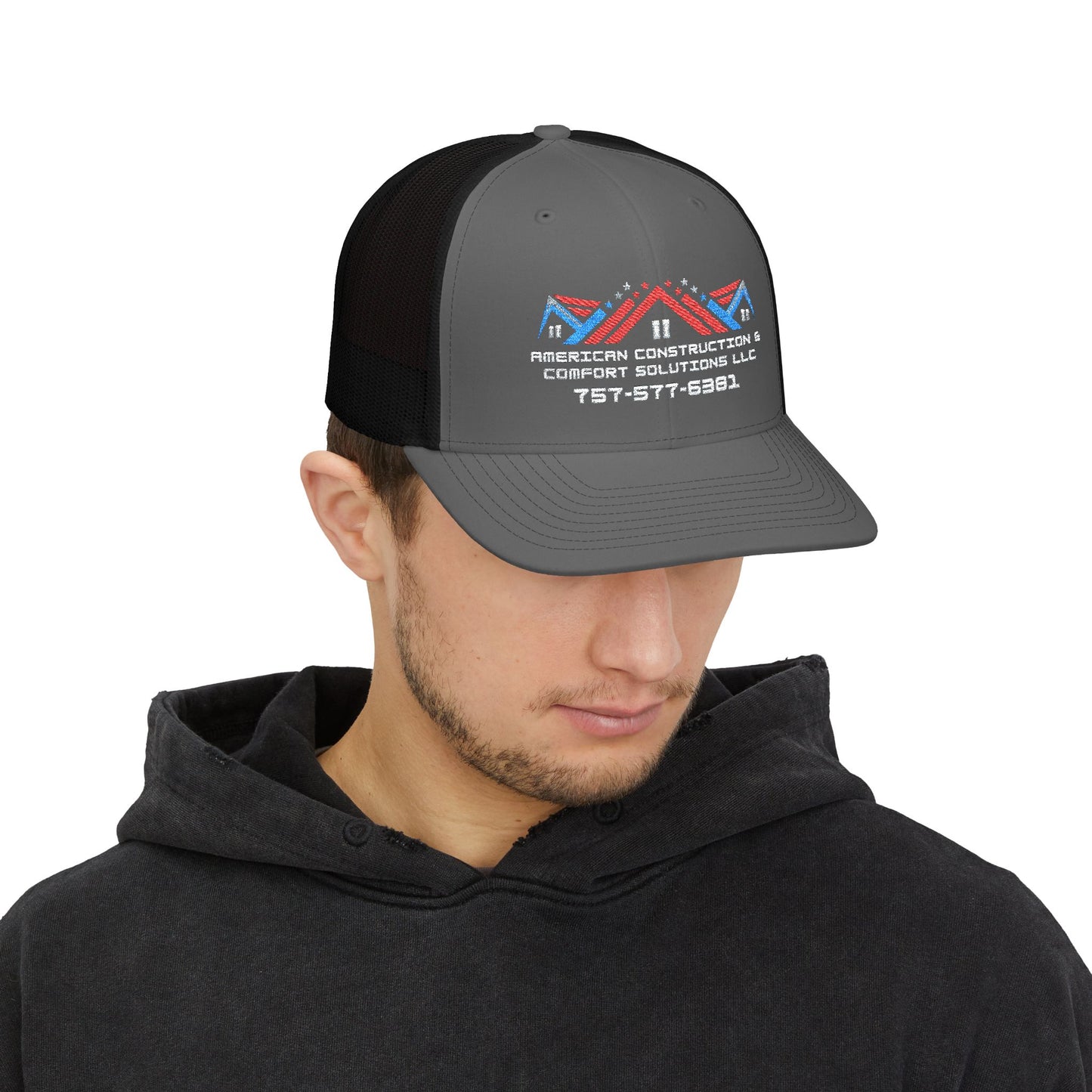 Embroidered Trucker Hat — American Construction & Contract Solutions Logo (Custom Phone Number)