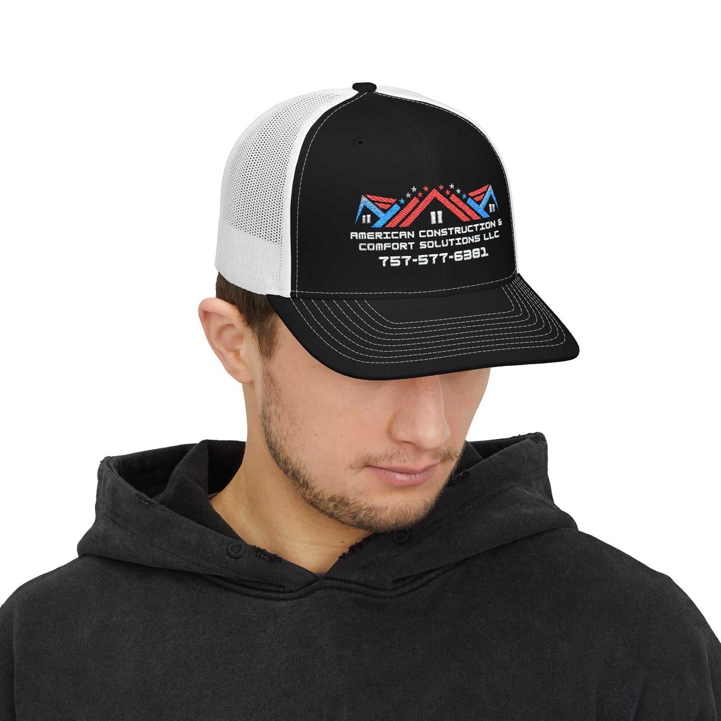 Embroidered Trucker Hat — American Construction & Contract Solutions Logo (Custom Phone Number)