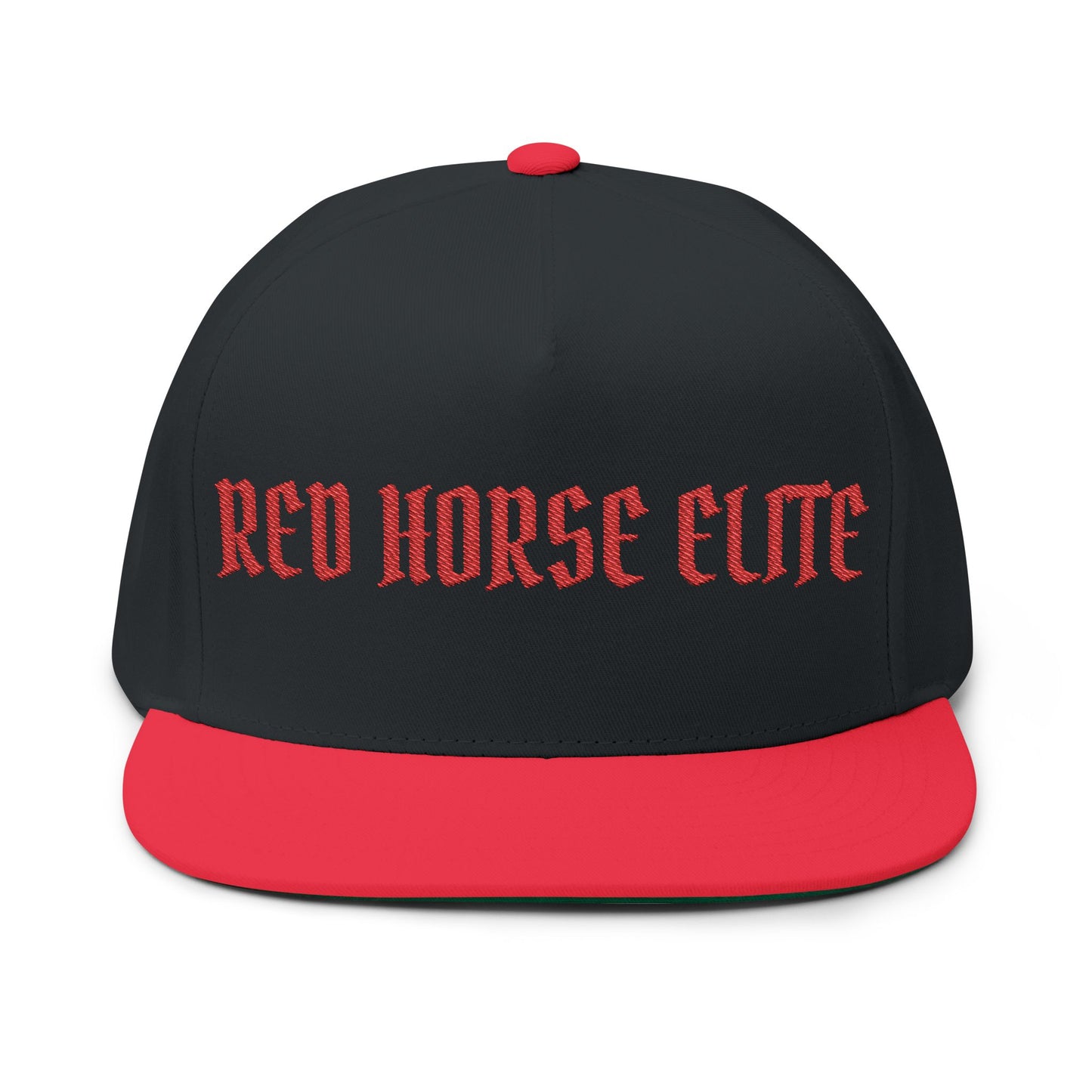 Embroidered Flat Bill Cap — "Red Horse Elite" Gothic Logo