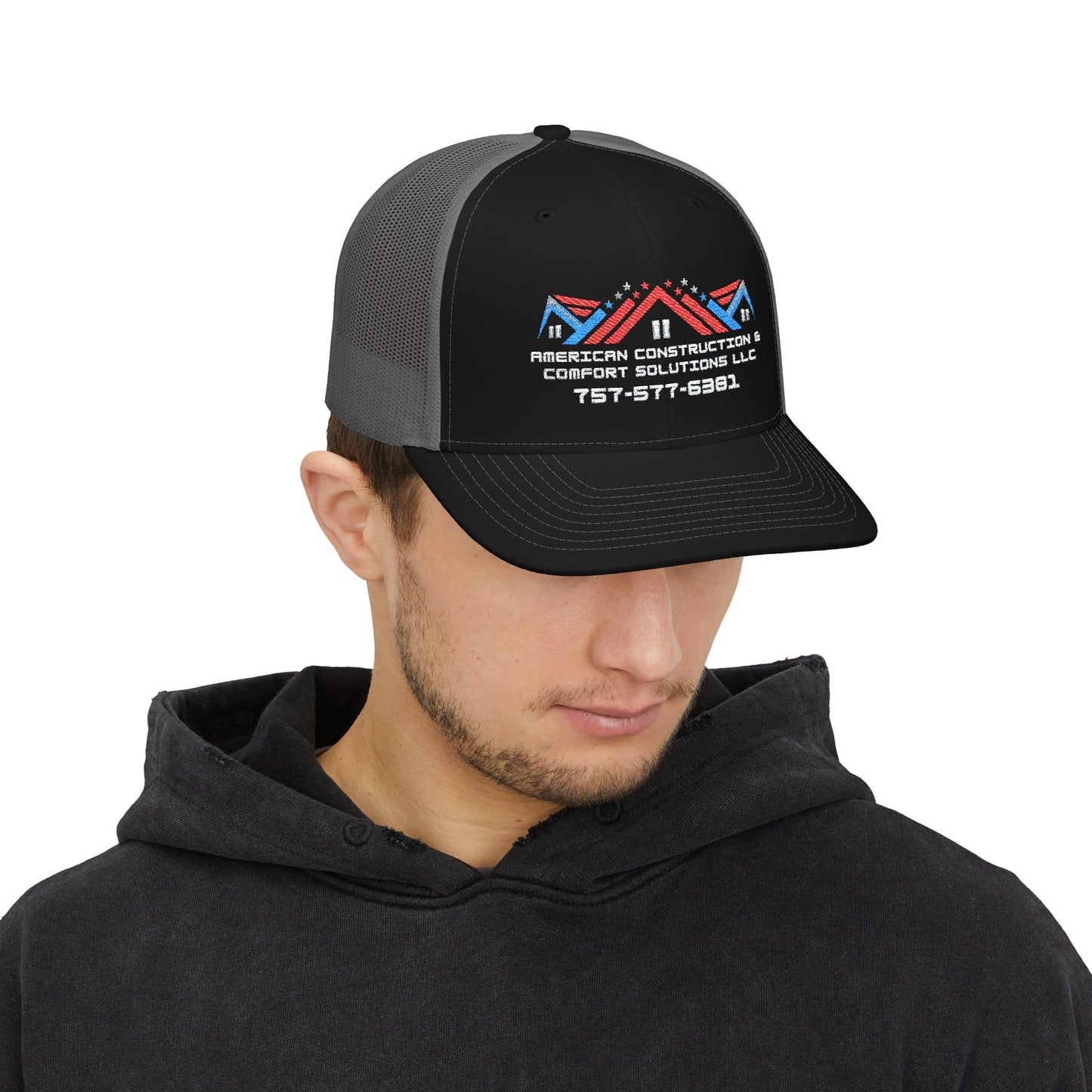 Embroidered Trucker Hat — American Construction & Contract Solutions Logo (Custom Phone Number)