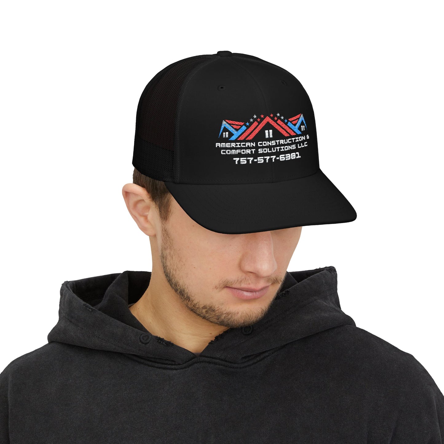 Embroidered Trucker Hat — American Construction & Contract Solutions Logo (Custom Phone Number)
