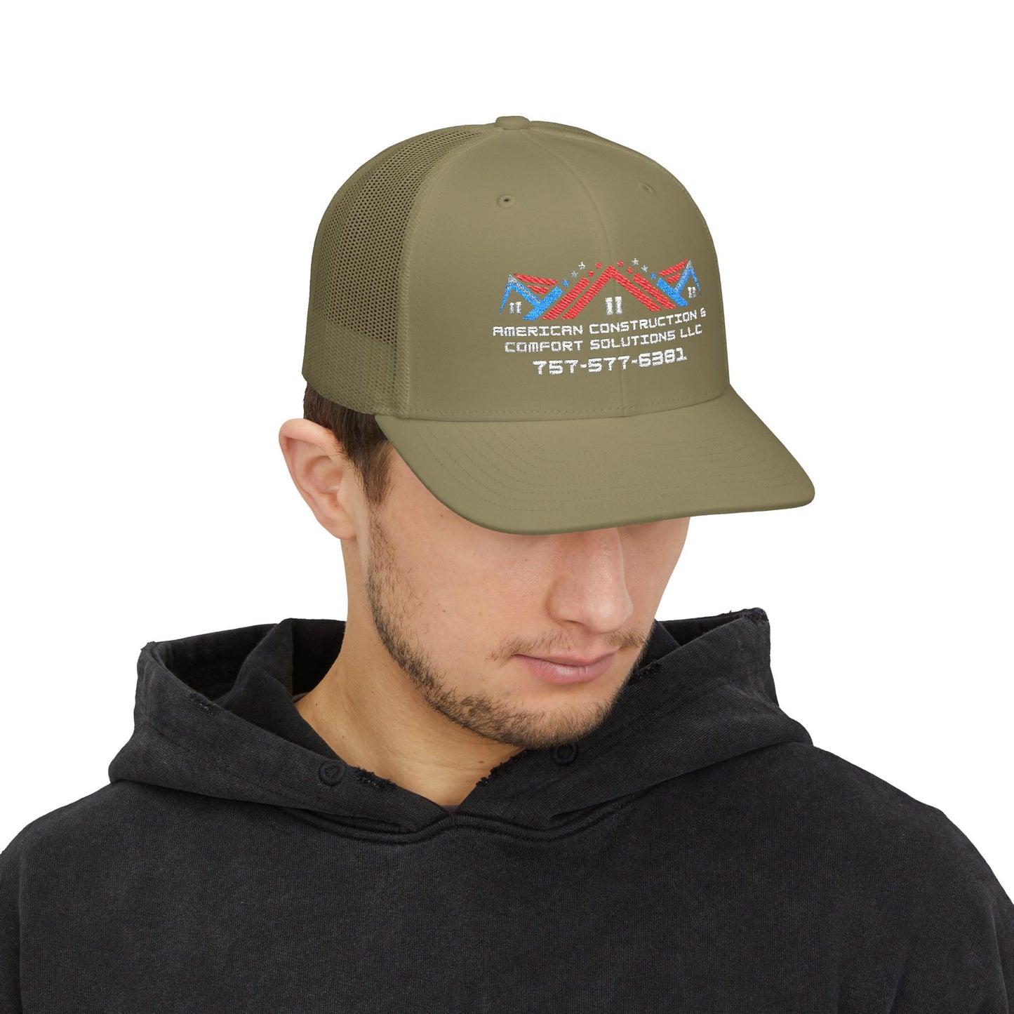 Embroidered Trucker Hat — American Construction & Contract Solutions Logo (Custom Phone Number)
