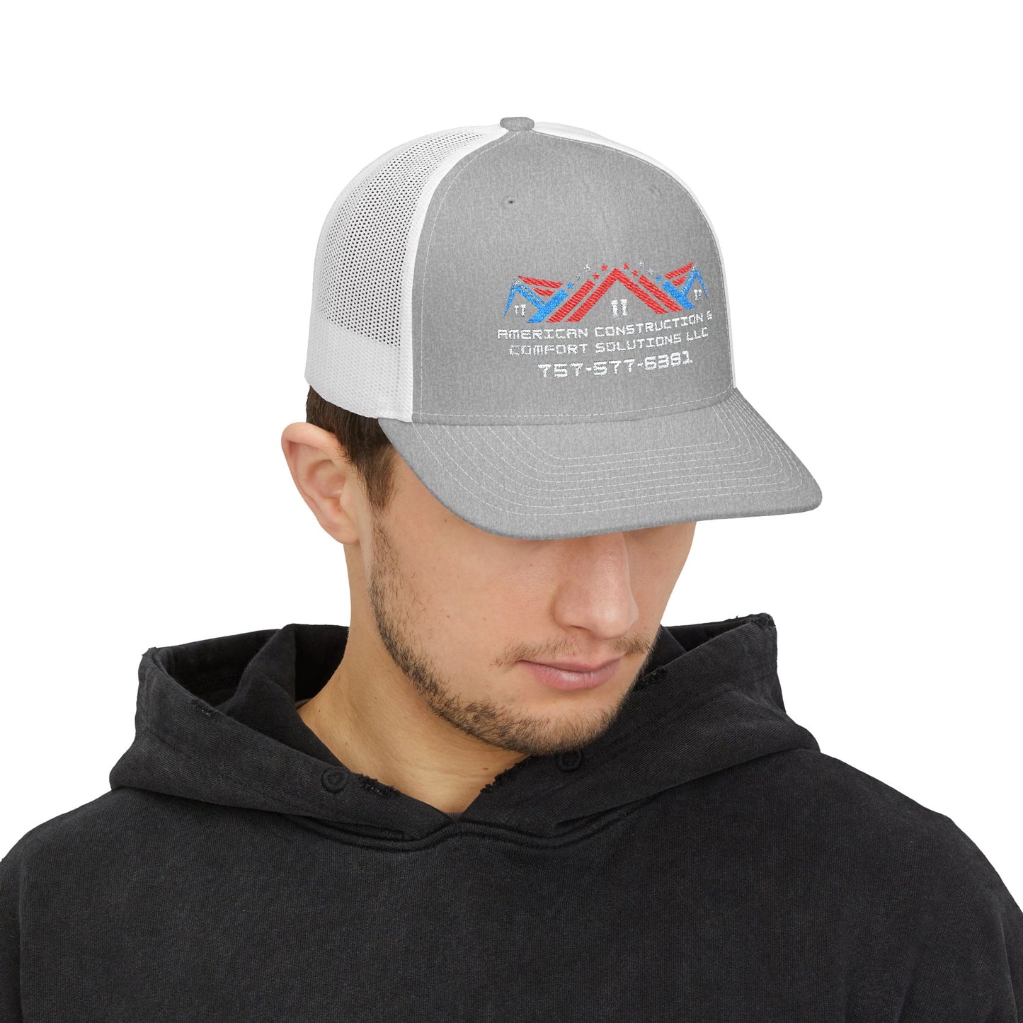 Embroidered Trucker Hat — American Construction & Contract Solutions Logo (Custom Phone Number)
